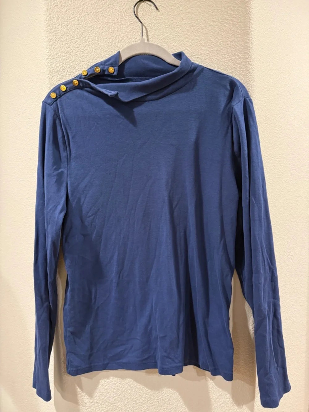 J. Crew Ribbed Turtleneck Top With Gold Buttons XL in Royal Blue NEW